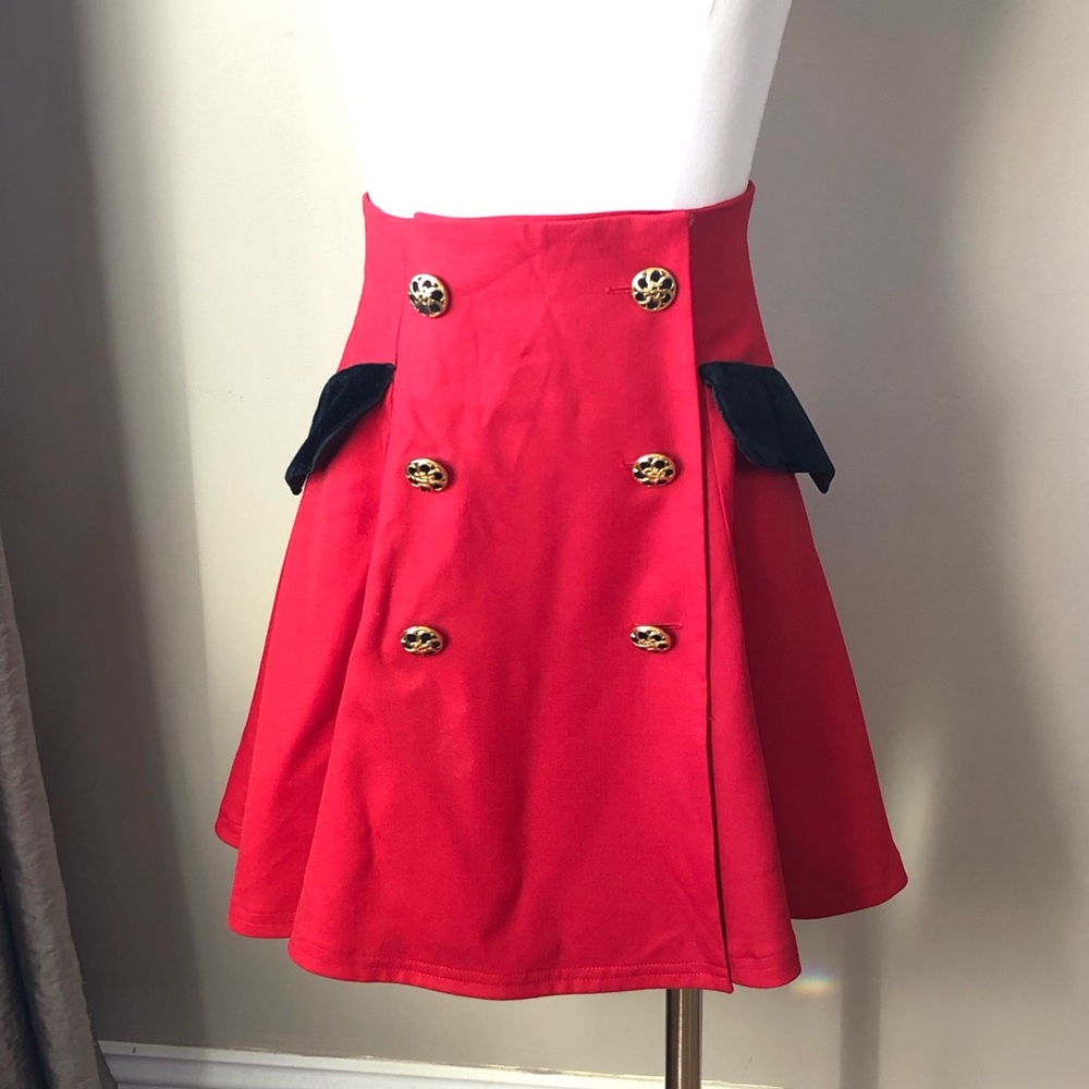 Vintage Cheap and Chic Moschino Red Wool & black velvet gold button circle skirt